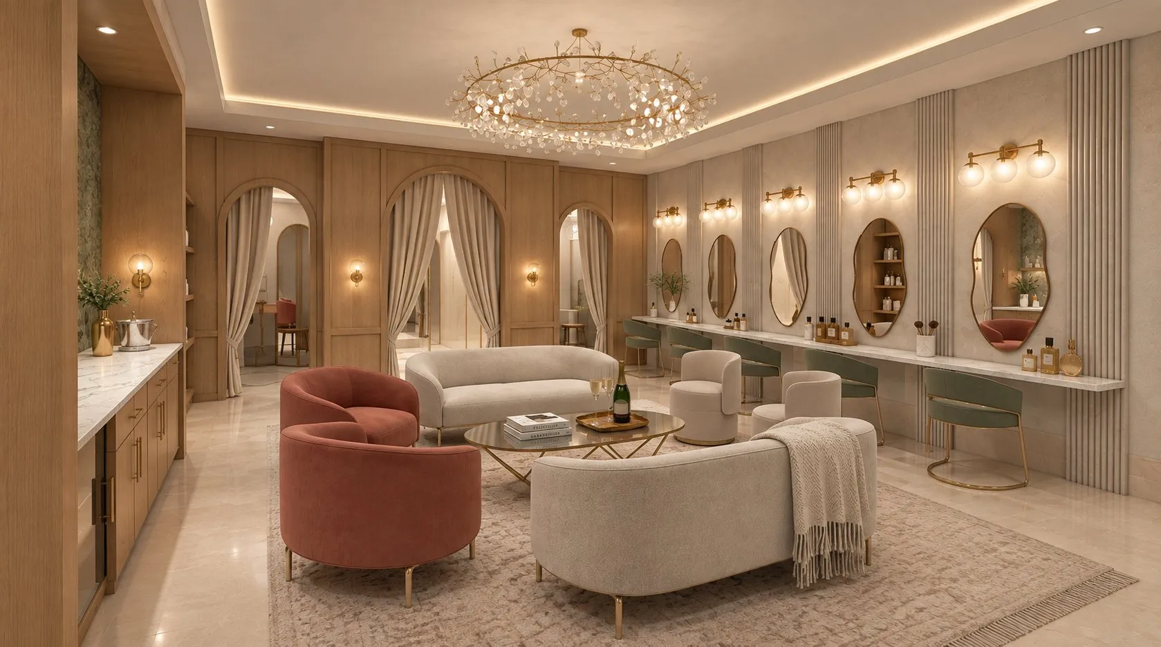 Bridal Suite with vanity mirrors, velvet chairs and a crystal chandelier