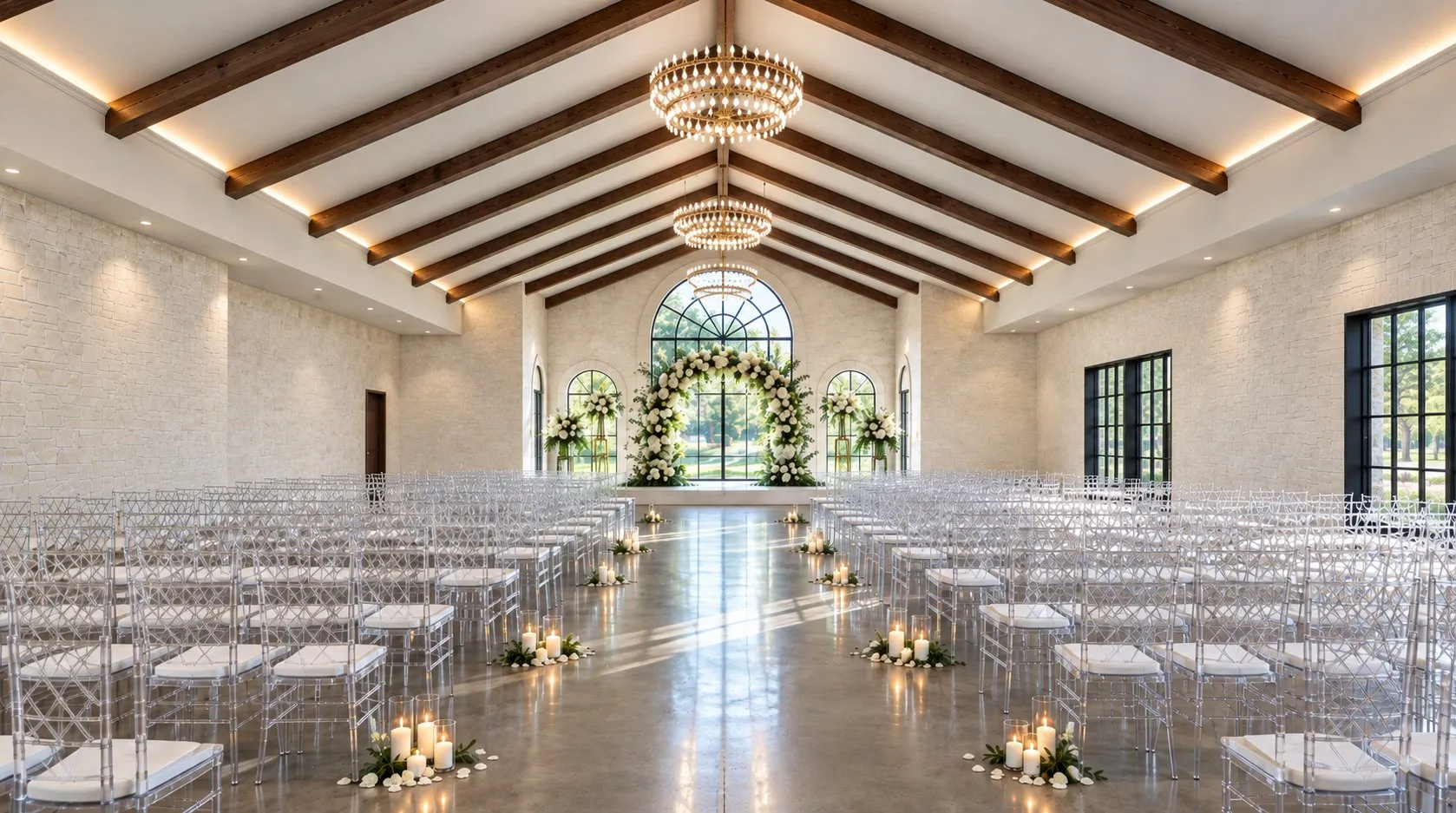 Ceremony aisle lined with candles leading to a floral arch beneath an arched window