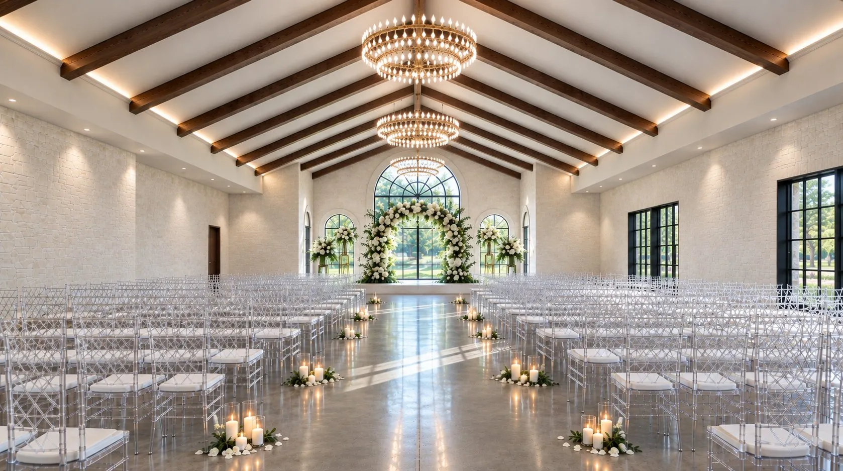 Ceremony set in the Chapel Ballroom beneath walnut beams and chandeliers