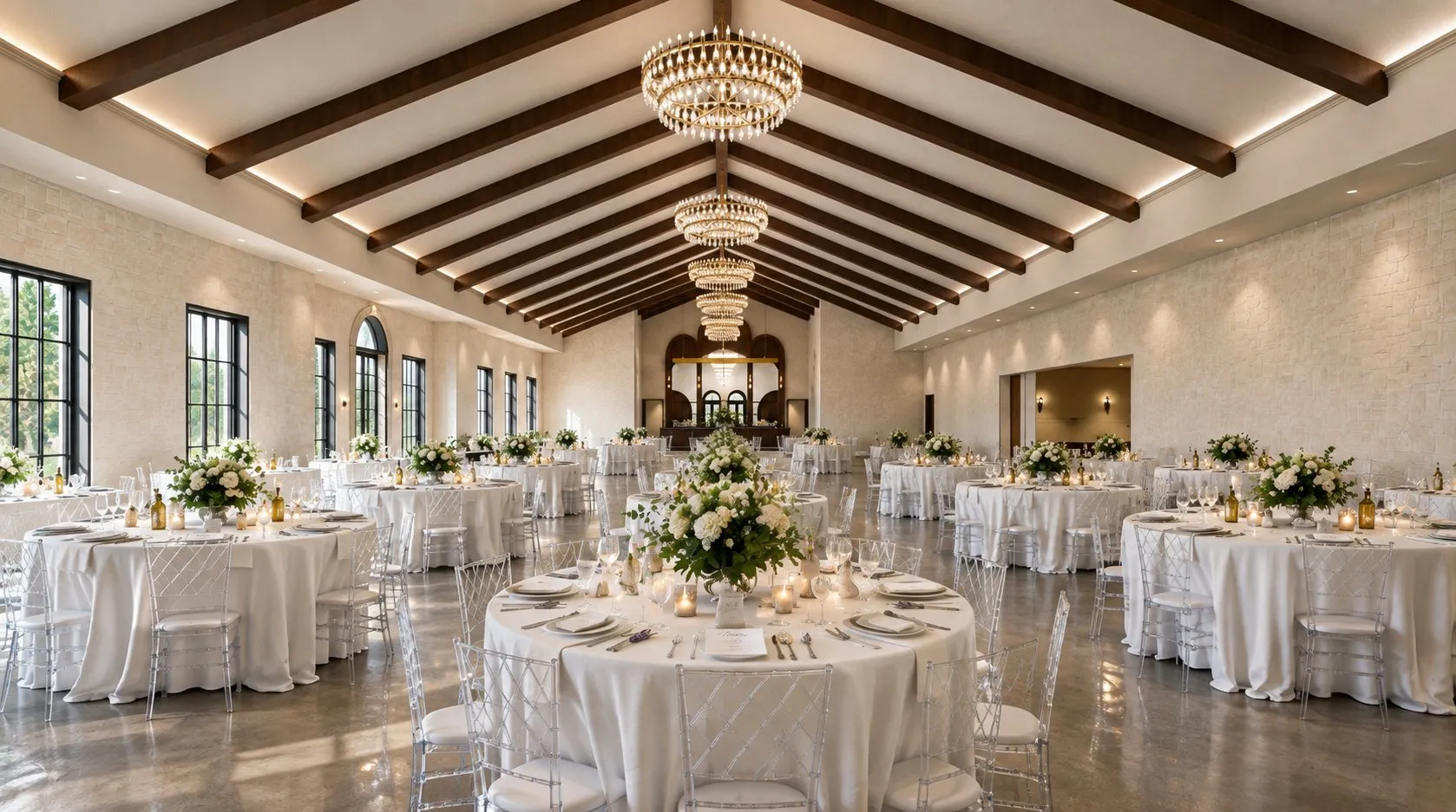 Reception tables set beneath chandeliers