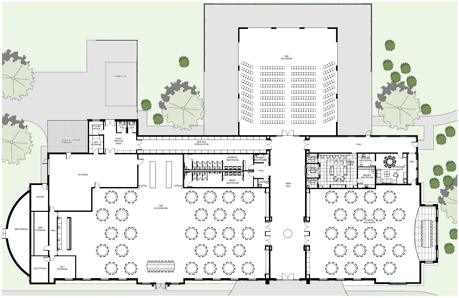 First floor plan showing The Solarium, Main Hall, The Stateroom, Chapel Ballroom, Bridal Suite and Groom’s Suite