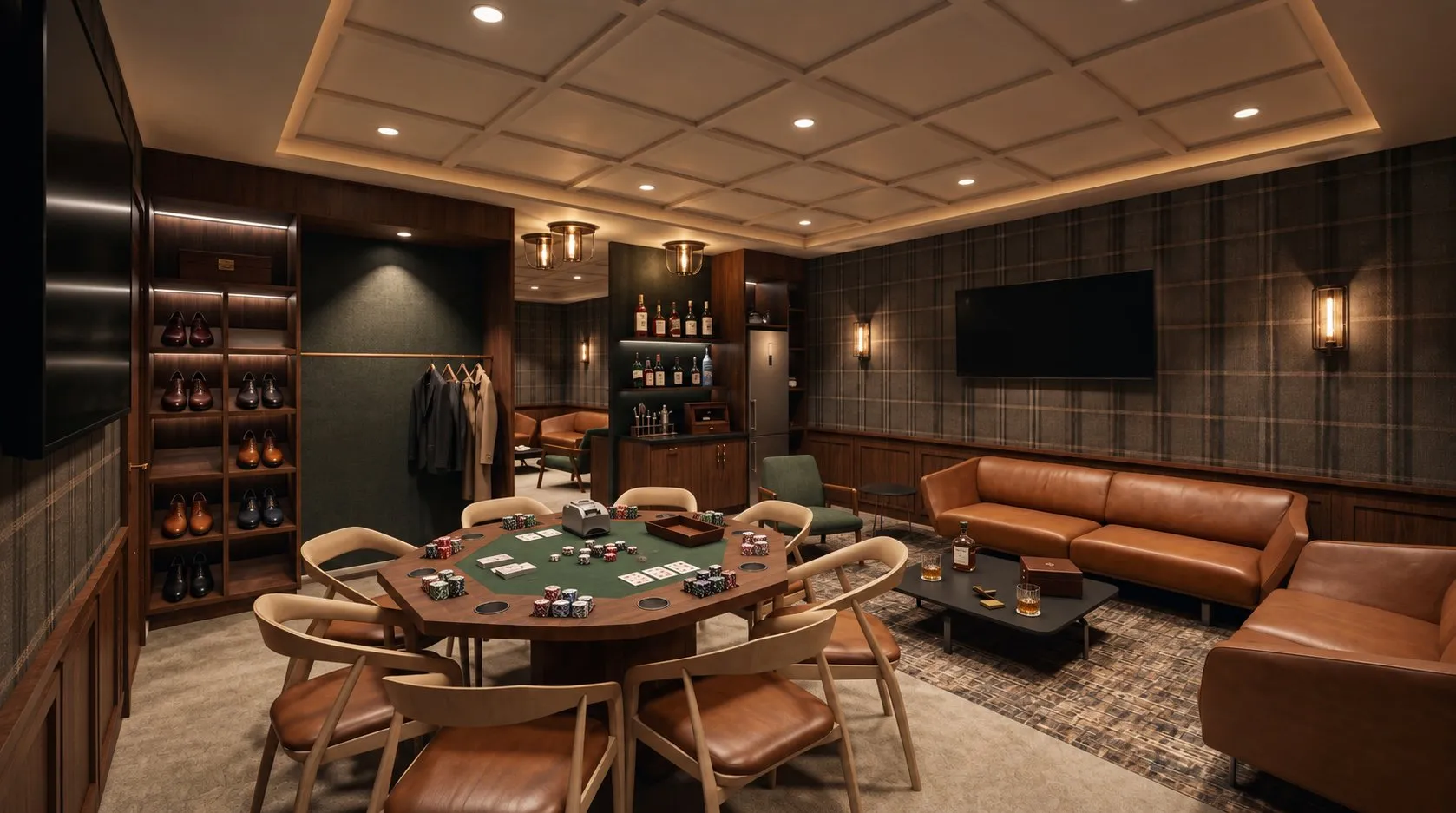 Groom’s Suite with leather seating, a game table and walnut paneling